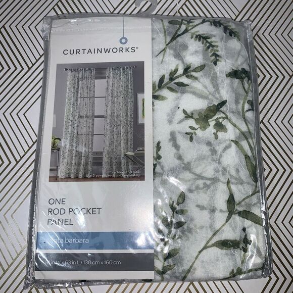 Curtainworks One Rod Pocket Panel Curtain Santa Barbara Green White 51x63 New - Picture 1 of 4